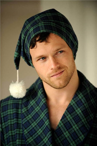 Image of Lee Valley Men's Cotton Flannel Nightcap - Green Tartan Blackwatch (LV6)