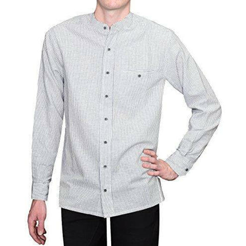 Image of Lee Valley Men's Irish Collarless Linen Grandad Shirt LN8 Navy/White Stripe - Naturally Ideal