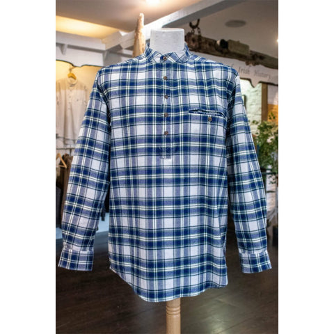 Image of Lee Valley, Ireland Flannel Cotton Grandfather Shirt LV38 Douglas Blue Tartan