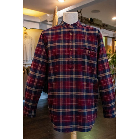 Image of Lee Valley, Ireland Flannel Grandfather Shirt 100 Percent Cotton LV10 Maroon Navy Plaid