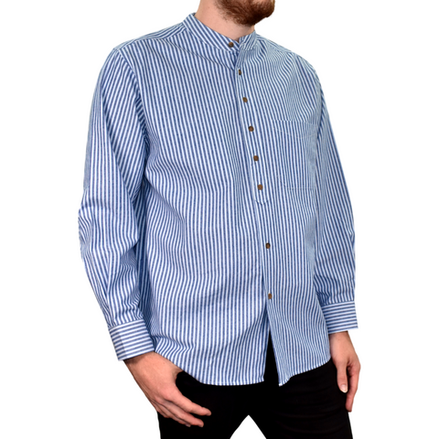 Image of Lee Valley, Ireland Mens Vintage Style Grandfather Shirt Cotton VR15 Blue Stripe (Medium)
