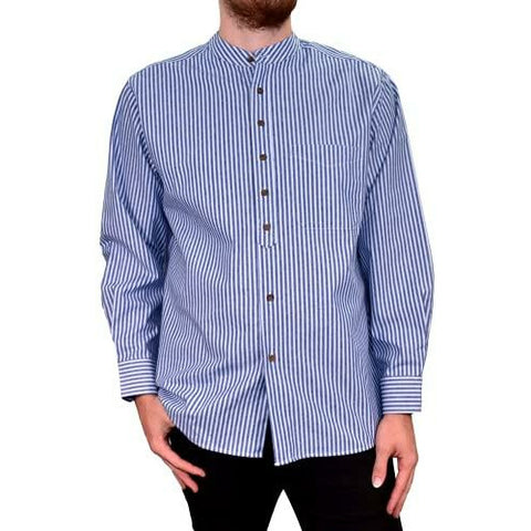 Image of Lee Valley, Ireland Mens Vintage Style Grandfather Shirt Cotton VR15 Blue Stripe (Medium)